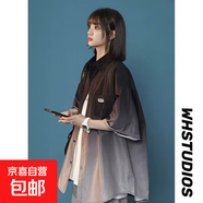 漸變短袖襯衫男夏季薄款男女情侶冰絲寬松休閑五分半袖襯衣外套 神秘k34黑色 短袖 3XL 【160-180斤】