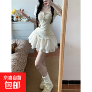 美式甜美假兩件蕾絲碎花短袖T恤上衣女夏季新款蓬蓬蛋糕裙兩件套 杏色上衣+杏色短裙【套裝】 S