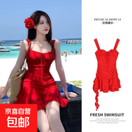 明媚夏日2025新款泳衣女夏季顯白海邊度假小紅裙連衣裙式溫泉泳裝 7725紅玫瑰【送頭花】 L 【100-110斤】