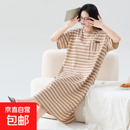 睡裙女夏季純棉短袖薄款長(zhǎng)款裙子寬松大碼孕婦睡衣夏天條紋家居服 Z658 2XL