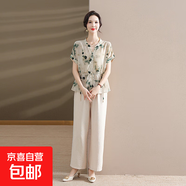 氣質(zhì)百搭清新套裝媽媽裝夏季新款修身顯瘦時(shí)尚百搭襯衫兩件套 淺綠色套裝 3XL