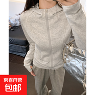 灰色連帽衛衣女春秋季2025新款韓版修身開(kāi)衫長(cháng)袖運動(dòng)瑜伽上衣外套 淺灰 XL 適合（125-140斤）