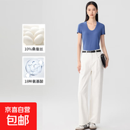【之禾制造商】桑蠶絲免燙螺紋短袖t恤女休閑正肩透氣短袖上衣HYM 法式藍U領 S