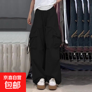 特價(jià)撿漏美式街頭夏季薄款工裝褲男女休閑運動(dòng)直筒闊腿寬松長(cháng)褲子 布丁F36黑色 薄款 5XL 【190-210斤】