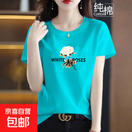 純棉短袖t恤女夏季新款寬松顯瘦半袖圓領(lǐng)印花媽媽裝上衣打底衫608 湖綠【金玫瑰】 M 【建議80-100斤】