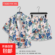 夏威夷花襯衫沙灘套裝夏薄款三亞旅游男女情侶大碼寬松休閑五分褲 T3680 L