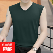 男士圓V領背心男修身韓版無袖坎肩休閑運動透氣背心  JS純色無袖 V領墨綠 XL