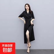 2025年新款氣質(zhì)風(fēng)衣式雪紡黑色連衣裙女夏赫本風(fēng)爆款收腰小黑裙子 黑色 SBY21B0602 L