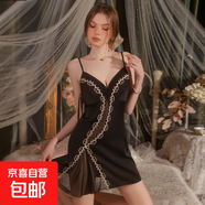 緞面加胸墊深V加胸墊網(wǎng)紗拼接系帶鏤空誘惑吊帶睡裙外袍睡衣套裝 黑色（睡裙） L 105-120