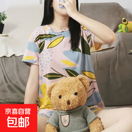 潮流款睡衣女夏季圓領(lǐng)短袖短褲卡通休閑學(xué)生甜美外穿兩件套家居服 厚款SMX樹葉短套 XL