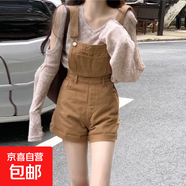 減齡氣質(zhì)設計感牛仔背帶短褲女夏季薄款大碼韓版寬松小個(gè)子連體褲 卡其色牛仔背帶短褲單件 L碼（建議105-115斤）