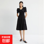 【伊芙麗制造商】紐扣設(shè)計立體褶皺短袖連衣裙女氣質(zhì)收腰顯瘦裙子 黑色 XL