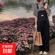 減齡氣質設計感刺繡牛仔背帶褲女秋冬大碼胖mm復古洋氣顯瘦連體褲 黑色刺繡牛仔背帶褲單件 L碼（建議105-115斤）