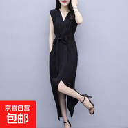 連衣裙2025新款夏季黑色氣質(zhì)名媛V領(lǐng)流行中長(cháng)款雪紡收腰開(kāi)叉裙子 黑色 SBY19B0626 M 101-110斤
