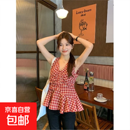復古港風(fēng)紅色格子V領(lǐng)吊帶背心女裝夏季小眾減齡百搭顯瘦無(wú)袖上衣 紅色格子 S