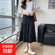 春夏白色a字半身裙女ins百搭裙子女學院風清新溫柔系蛋糕裙長裙子 1022黑色 L 【推薦110-125斤】