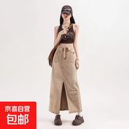 2025夏季新款牛仔半身裙女高腰顯瘦中長款開叉a字裙子工裝牛仔裙 卡其色 S