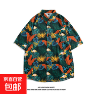 夏季古著(zhù)vintage油畫(huà)復古巴領(lǐng)滿(mǎn)印花美式男潮流高街情侶短袖襯衣 1190綠色 3XL