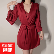性感雙V緞面蕾絲拼接簡(jiǎn)約舒適吊帶睡裙鏤空刺繡長(zhǎng)袖外袍家居套裝 棗紅（外袍+腰帶） 均碼 80-130