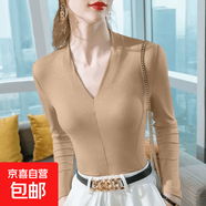 靜甜媛螺紋V領(lǐng)長(cháng)袖t恤女秋冬季修身內搭時(shí)尚氣質(zhì)打底衫上衣服 卡其色 M （039）