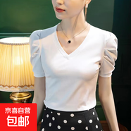 泡泡袖棉質(zhì)短袖T恤女士?jì)却钕募拘驴顨赓|(zhì)打底衫時(shí)尚休閑百搭上衣 K7-白色 L 建議105-115斤
