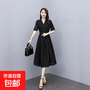 2025年新款雪紡襯衫連衣裙女中長(cháng)款夏黑色收腰顯瘦赫本風(fēng)小黑裙子 黑色 SBY21B04051 L