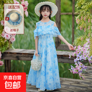 童裝女童2025夏季公主裙兒童碎花裙子小女孩雪紡連衣裙百褶裙夏裝 086水墨藍碎花裙+帽子 160