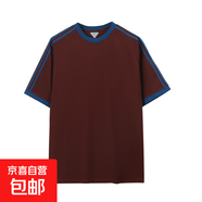 美式復古三條杠撞色圓領(lǐng)短袖t恤夏季冰感棉防曬UP50寬松上衣YB 安哥拉紅 2XL