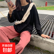 多色可選 秋季女裝新款上衣長袖T恤女圓領(lǐng)打底衫 黑色 2XL
