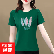 【送媽媽禮物】純棉短袖t恤女2025夏季百搭大碼女裝印花媽媽裝 木綠羽毛 M 【建議80-100斤】