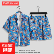 夏威夷花襯衫沙灘套裝夏薄款三亞旅游男女情侶大碼寬松休閑五分褲 T3679 2XL