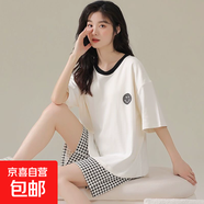 日系睡衣女云朵棉夏季短袖短褲少女高級(jí)感休閑潮流外穿家居服套裝 D.M-808灰笑臉雙短 XL