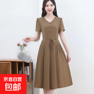 媽媽夏季連衣裙中年女新款休閑氣質(zhì)收腰顯瘦時(shí)尚高檔洋氣短袖裙子 卡其色 4XL 120-130斤左右