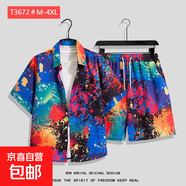 夏威夷花襯衫沙灘套裝夏薄款三亞旅游男女情侶大碼寬松休閑五分褲 T3672 2XL