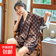 情侶短袖睡衣女士薄款兩件套裝夏季男式大碼可外穿家居服 T404女【絲綢套裝】 M 女 75-100斤