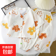 兒童家居服綿綢套裝 夏季男女童睡衣人造棉兩件套 棉綢空調 MC02-綿綢-花朵兔子 80