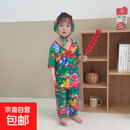 兒童吊帶套裝男女童薄款棉綢背心短褲兩件套網(wǎng)紅寶寶東北花15xk75 七分褲套裝-大花綠色+頭巾 90 cm