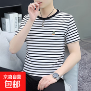 高品質(zhì)純棉短袖t恤男夏裝半袖圓領(lǐng)條紋體恤潮流上衣男修身百搭WF G2231白條紋 純棉T恤 M 建議90-110斤