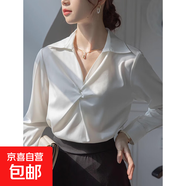 法式V領(lǐng)緞面襯衫女春秋新款通勤職業(yè)氣質(zhì)長(cháng)袖上衣扭結設計感輕熟 白色 CC6 XL