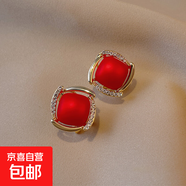 S925銀針韓國(guó)東大門(mén)氣質(zhì)仙女風(fēng)幾何高級(jí)感珍珠耳飾女個(gè)性方形耳環(huán) 幾何珍珠-紅色
