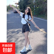 宋正恩女裝紅色t恤女短袖短款緊身辣妹上衣夏裝純棉修身正肩體恤 T281白色 S