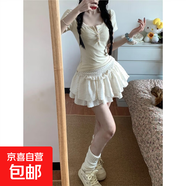 美式甜美假兩件蕾絲碎花短袖T恤上衣女夏季新款蓬蓬蛋糕裙兩件套 杏色短裙【單件】 M