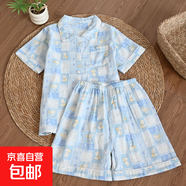 夏季紗布短袖長(cháng)褲短褲睡衣套裝女透氣純棉翻領(lǐng)寬松卡通薄款家居服 藍格子兔短袖短褲 M 90-110