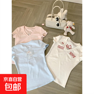 純欲風(fēng)鏤空蕾絲kitty貓短袖T恤女夏季修身顯瘦v領(lǐng)甜辣妹短款上衣 淺藍色 優(yōu)質(zhì)原版 S