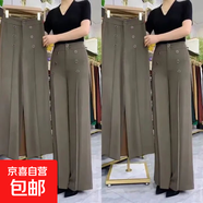 2025春夏新款闊腳褲女直筒休閑媽媽褲子高腰彈力垂中老年寬腿長(cháng)褲 灰咖色 灰咖色 XL 【建議115-130斤】