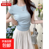 正肩短袖T恤女裝新款夏季內(nèi)搭修身設(shè)計(jì)感短款小個(gè)子上衣RL#K005# K005#藍(lán)色【圓領(lǐng)】 L 【95-108斤】