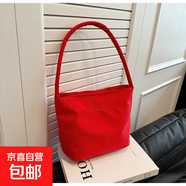 韓國手提手提包尼龍2025時(shí)尚百搭新款刺繡腋下包百搭單肩水桶 紅色 中包