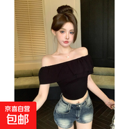 純欲一字肩短款上衣女夏季新款設計感小眾荷葉邊露肩短袖修身 黑色 【KK-R49】 L