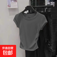 2025夏季新款設計感褶皺收腰小飛袖上衣圓領(lǐng)弧形下擺短袖t恤女ins K5-深灰色 2XL 145-175斤