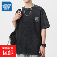 真維斯男上衣夏季做舊短袖寬松時(shí)尚T恤水洗印花休閑上衣 波西米亞黑色 S